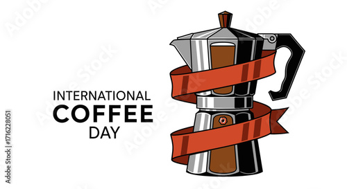 Celebrate International Coffee Day with a classic Moka pot and festive ribbon design