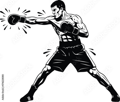 Boxer throwing a powerful punch. Muscular male fighter in boxing gloves. Black and white combat sport vector illustration
