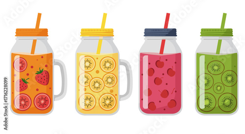 Colorful mason jar smoothies with fresh fruits on white background