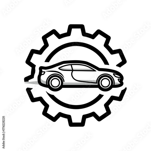 Car inside a gear icon representing automotive industry and mechanical engineering services.