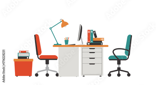 Modern office workspace with chairs, desk, and accessories in flat design