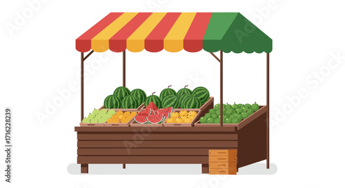 Vibrant market stand with fresh fruits and colorful canopy