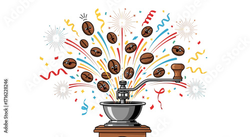 Joyful coffee beans celebrate with bursts of confetti and fireworks from a vintage grinder