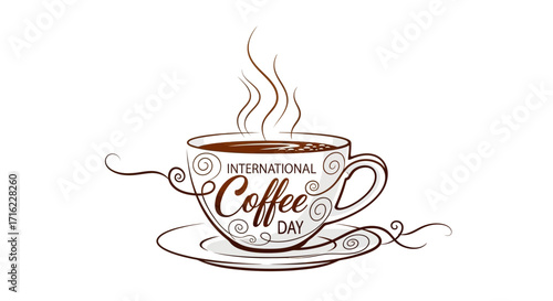 Celebrate International Coffee Day with a steaming, decorative cup and saucer, perfect for promotions.
