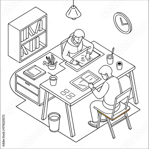 A boy sits at a table in a funny cartoon illustration, drawing a house plan for a school book
