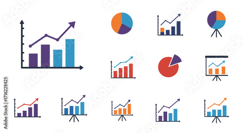 Colorful business chart set with growth and pie graphs