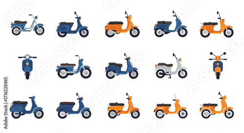 Flat style collection of vintage scooters in various colors and angles