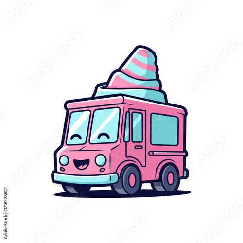Cute Pink Ice Cream Truck with Swirl Cone on Top.