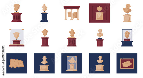 Flat design ancient sculpture collection in minimalist frames and pedestals