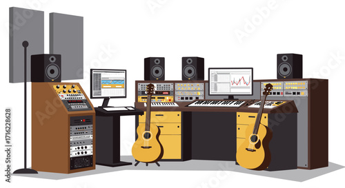 Modern music studio setup with acoustic guitars and digital equipment