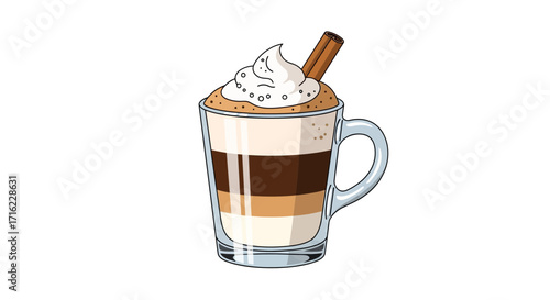 Indulge in a layered latte topped with creamy foam and a cinnamon stick, perfect for cozy moments.