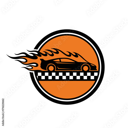 Speeding Sports Car with Flames and Checkered Flag Emblem.