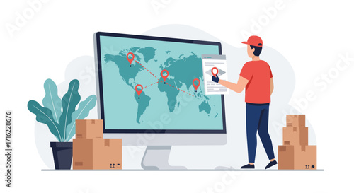 Global package delivery tracking concept with route map and courier