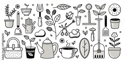 Collection of hand-drawn gardening tools and plants detailed sketch art
