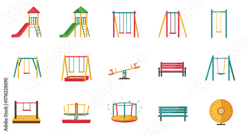Colorful playground equipment collection featuring slides, swings, seesaws, benches, and sandbox in flat style