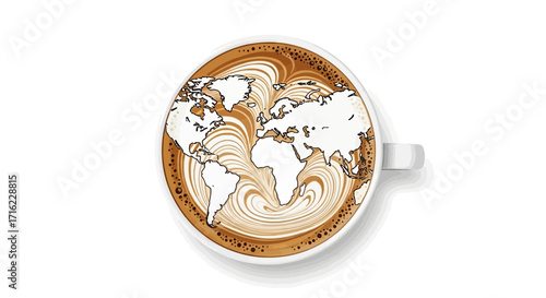 Inspiring global coffee art showcases world map design on creamy latte foam, perfect for cafes.