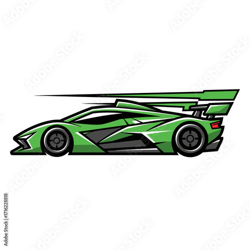 Green Racing Sports Car with Large Spoiler Vector Illustration.