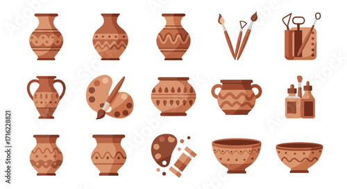 Decorative pottery set with paint brushes and tools in earth tones