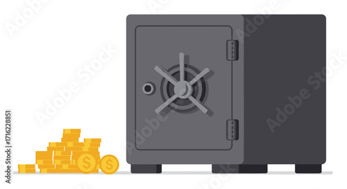 Secure metal safe with stack of gold coins in flat style