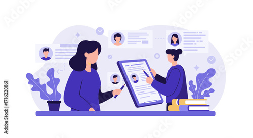 Team collaboration in modern office with digital profiles and interactive communication