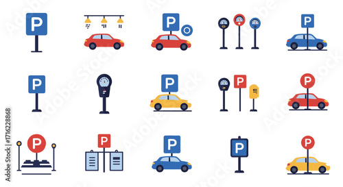 Parking icons collection: variety of cars, signs, and meters in flat style