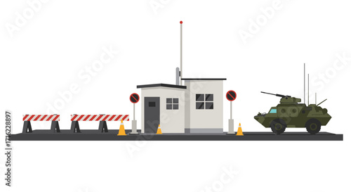 Military checkpoint with armored vehicle and security barriers in flat design