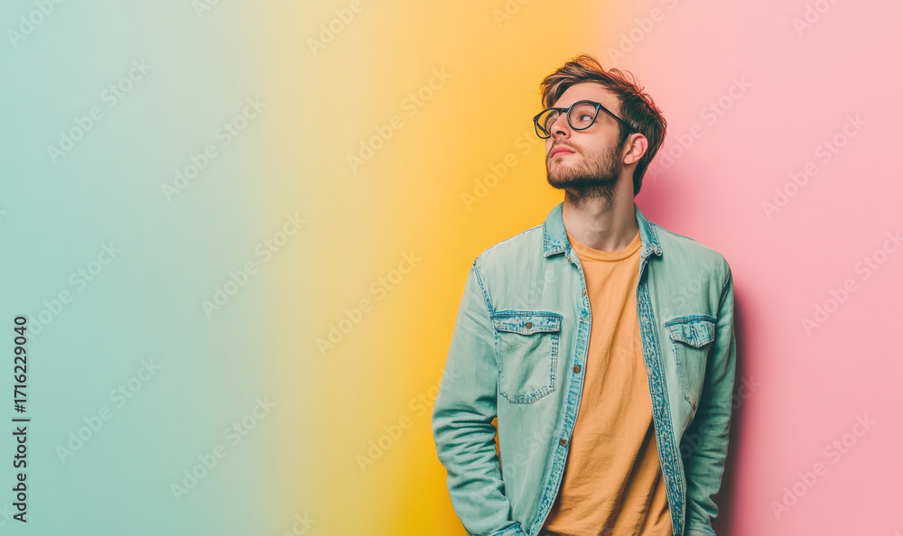 Fototapeta premium Stylish Young Man Posing Against a Colorful Background in a Casual Outfit