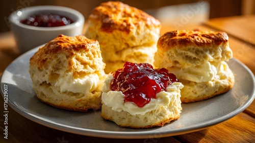 Delicious scones with clotted cream and strawberry jam on a plate, ready to be served for afternoon tea