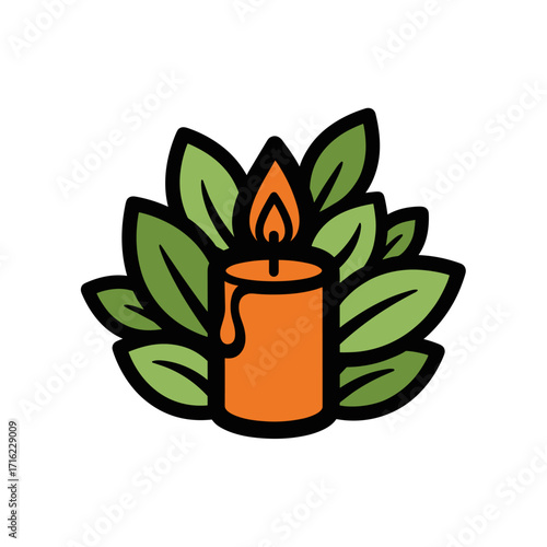 Aromatherapy Candle with Green Leaves Symbolizing Natural Wellness and Relaxation.