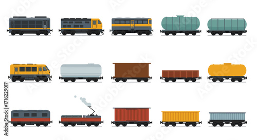 Colorful train cars and locomotives on white background in flat design