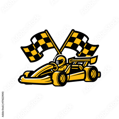 Yellow Go Kart with Racing Flags Vector Illustration.