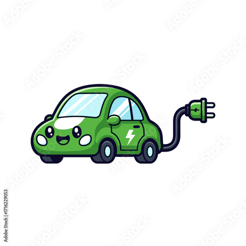 Cute Green Electric Car with Charging Cable and Lightning Bolt Symbol.