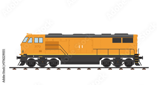 Flat design diesel locomotive on tracks with orange and black color scheme
