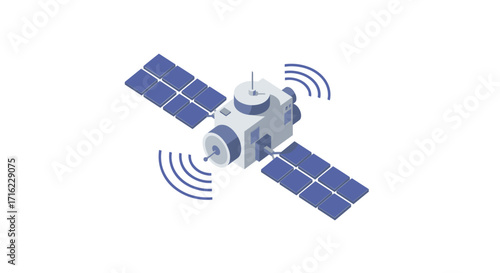 Isometric satellite with solar panels and signal waves in space technology design