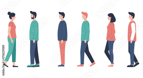 Diverse group of minimalist flat style people walking in profile view