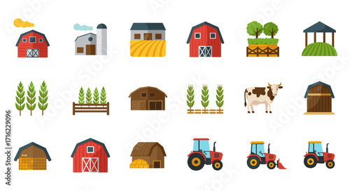 Flat farm set: barns, tractors, livestock, crops, and silo