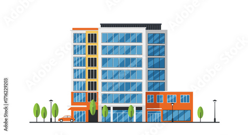 Modern apartment building with colorful facade and urban elements