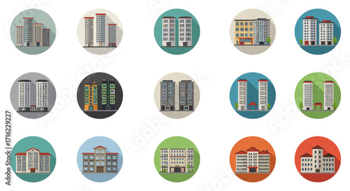 Modern urban building collection with diverse architectural styles