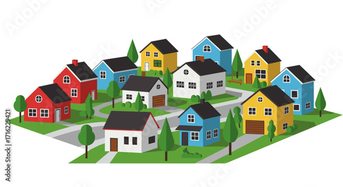 Colorful isometric suburban neighborhood with trees and houses