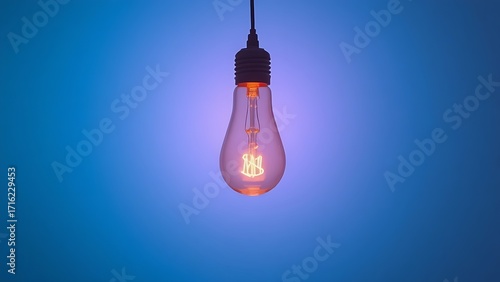 A glowing lightbulb suspended in a gradient blue background, symbolizing bright ideas and innovation.
