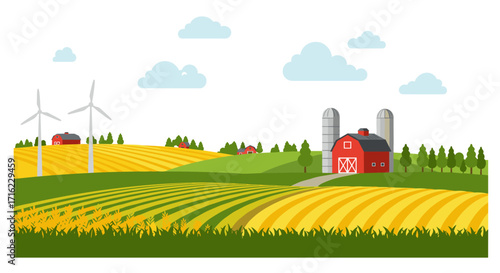 Flat farm landscape with barn, wind turbines, and fields under cloudy sky