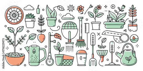 Collection of whimsical gardening tools and potted plants for outdoor and indoor cultivation