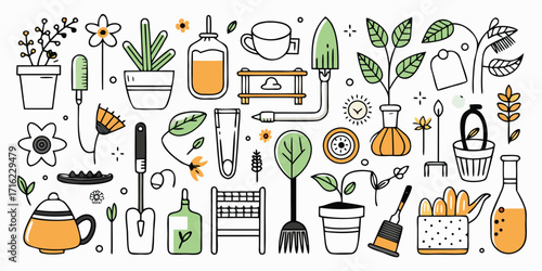 Charming hand-drawn collection of gardening tools and plants for creative projects