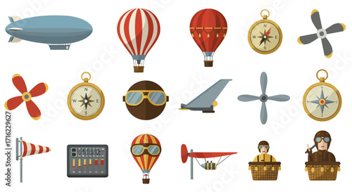 Vintage air travel icons set featuring antique balloons, airships and aviation equipment in flat style