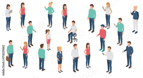 Isometric people in casual attire: daily interactions and conversations