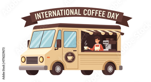 Joyful barista serves hot coffee from a charming food truck celebrating International Coffee Day