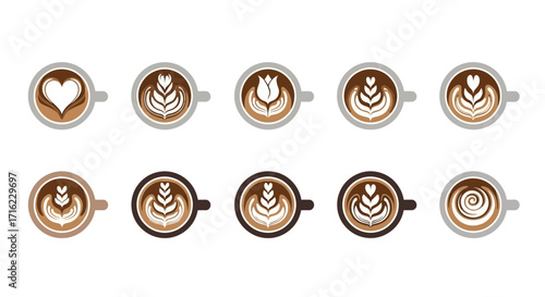 Captivating coffee art collection showcasing latte designs for cafes and beverage branding.