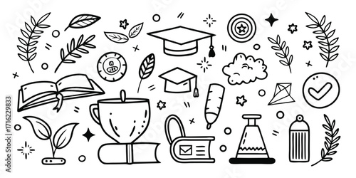 Academic icons collection graduation cap open books plant sprouts and checkmarks doodle art