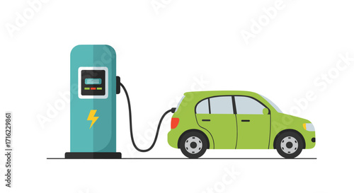 Electric car charging at station with green vehicle