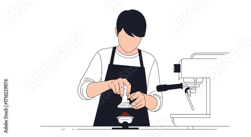 Skilled barista tamps fresh coffee grounds for perfect espresso preparation beside professional machine